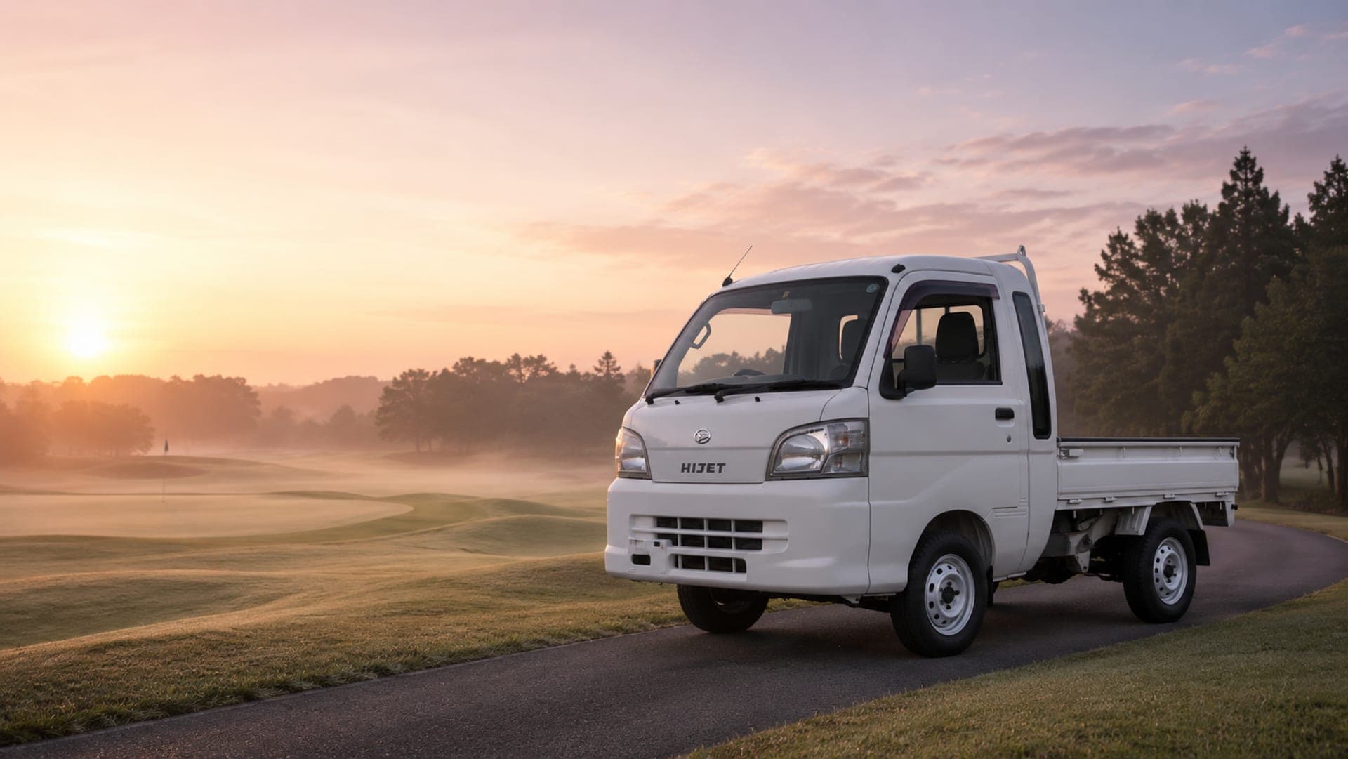 Daihatsu Hijet kei truck on a golf course at sunrise